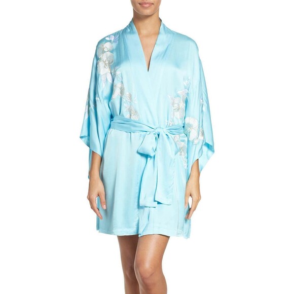 NWT $350 New Designer Natori Orchid Flower Embroidered Womens Wrap Robe S Blue - Picture 1 of 10